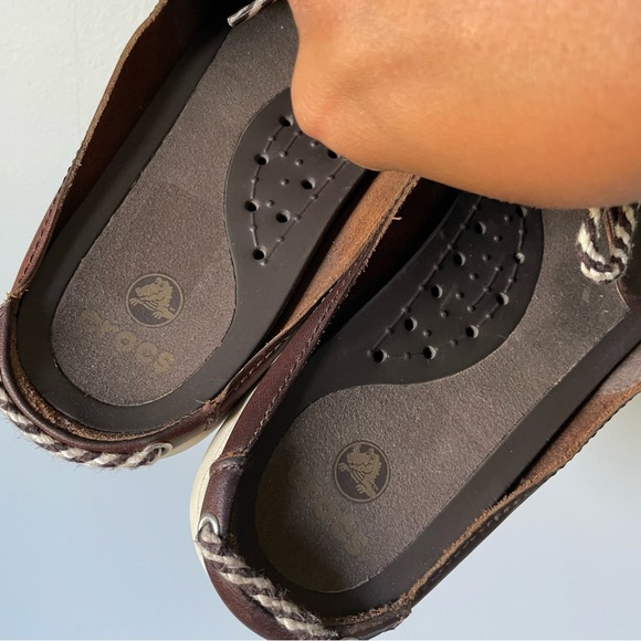 Crocs Brown Leather Slip on Mules Boat Comfort Slides Size 9 - Picture 9 of 11
